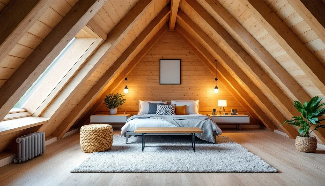 Finished attic bedroom conversion with exposed wooden beams, skylight, bed, and modern furnishings