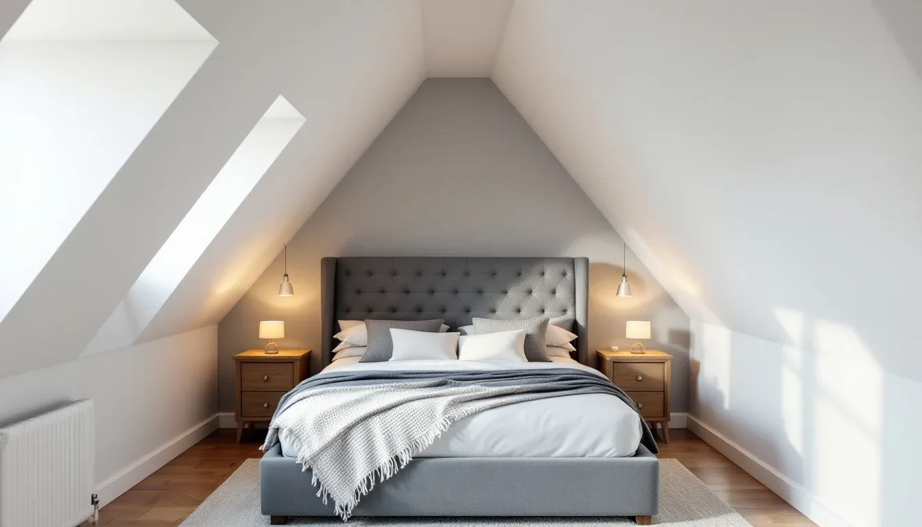 Converted attic bedroom with vaulted ceiling, grey upholstered bed, wooden nightstands and skylights