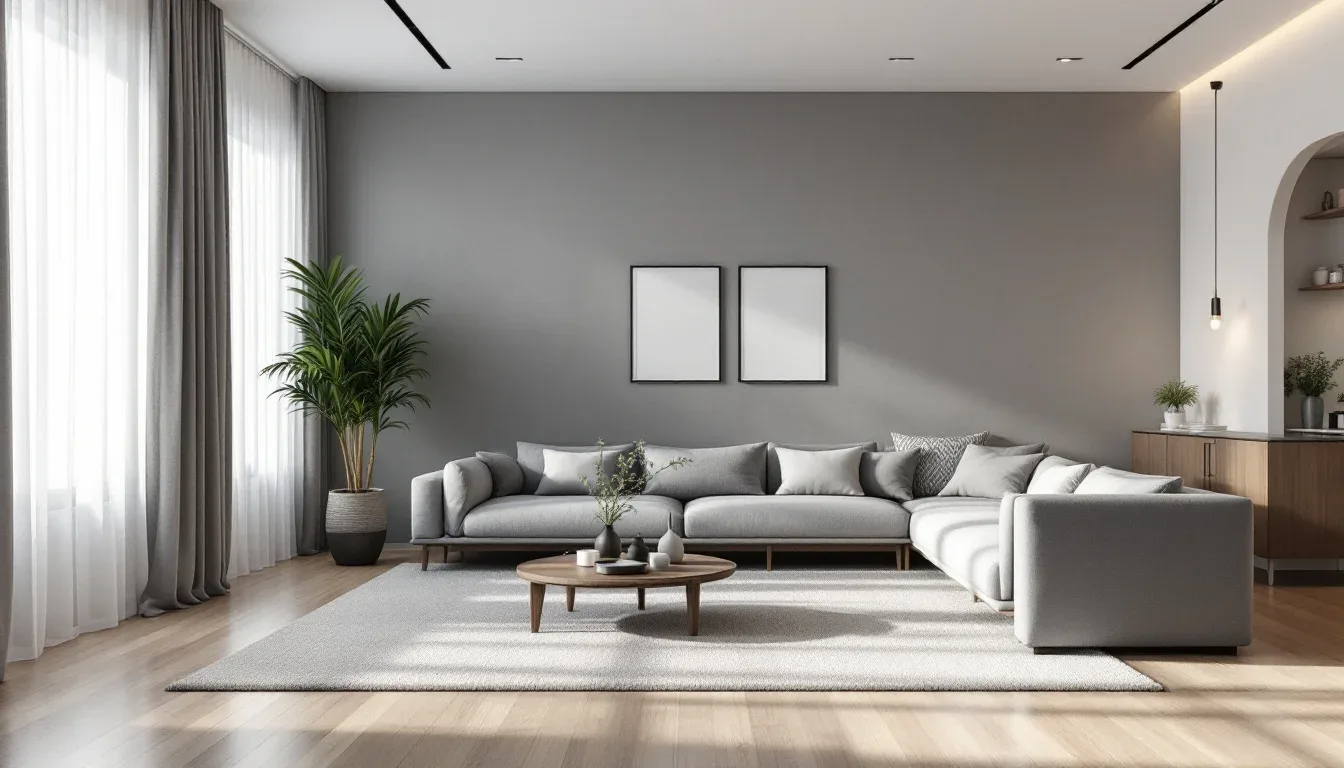 Modern living room with gray walls and large sheer curtains showing natural light orientation and shadow patterns