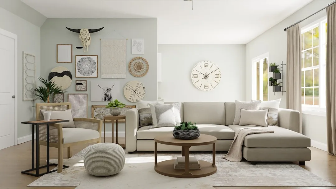 L-shaped sectional sofa in neutral boho living room showing how sofa shape fits room layout