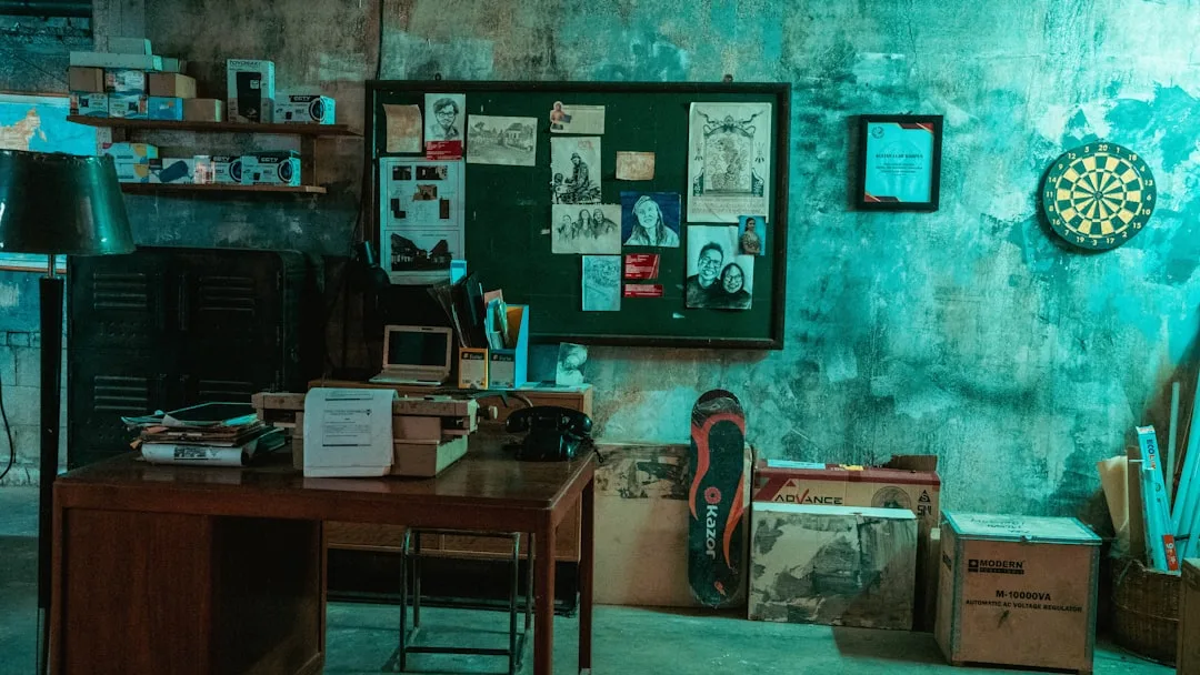 Grunge room setup with bulletin board, cluttered desk, skateboard, dart board and teal-tinted concrete walls