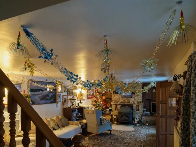 Living room ceiling decorated with gold and blue C