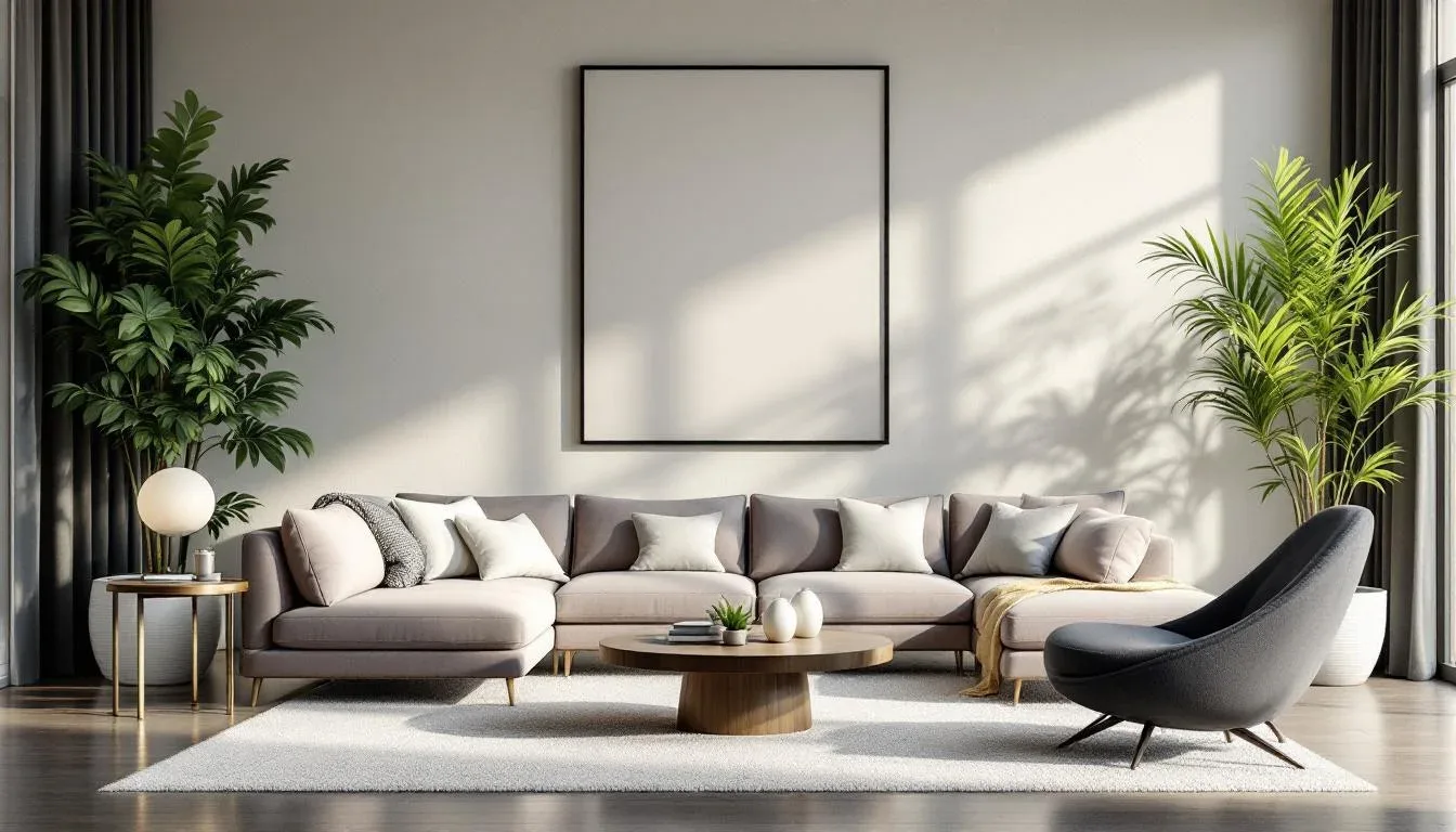 Modern living room with neutral sectional sofa, round wood coffee table, indoor plants, and blank wall frame