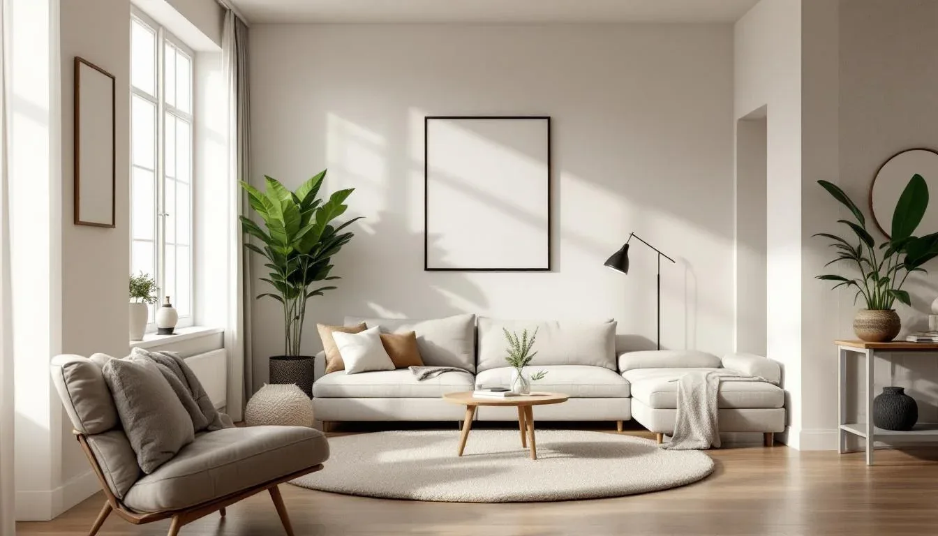 Minimalist Scandinavian living room with neutral sofa, round rug, wood coffee table, and blank wall art frame