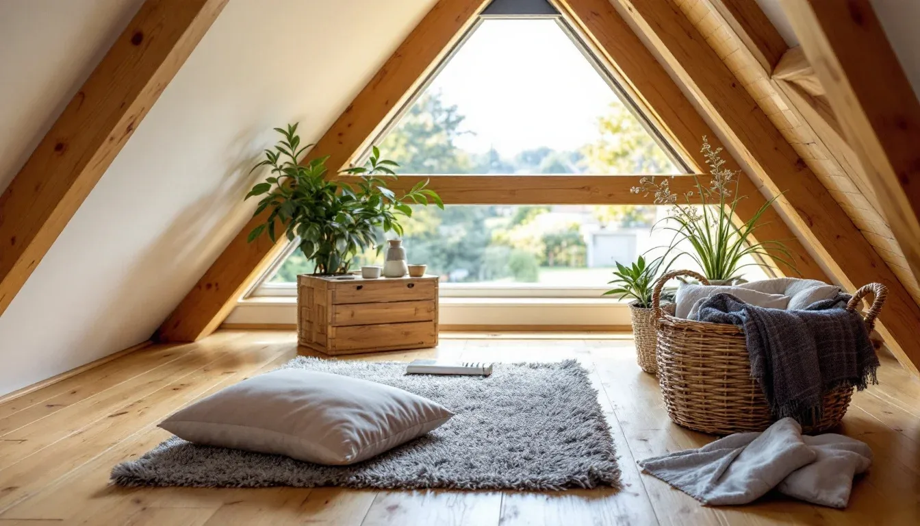 Converted attic space with A-frame wooden beams, triangular window, hardwood floors, and cozy minimalist decor