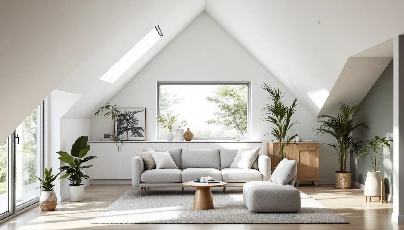 Bright attic living room with vaulted cathedral ceiling, skylight, and sloped walls showing ceiling height challenges