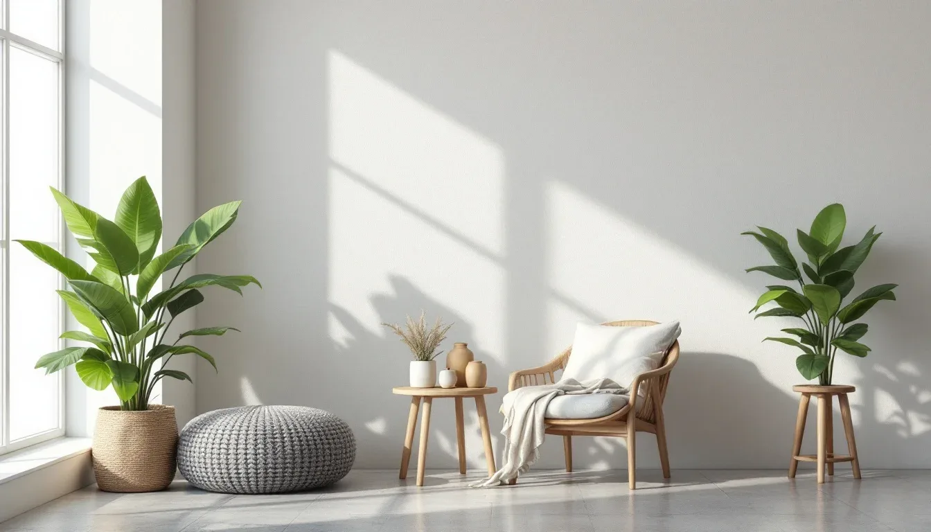 Neutral living room with rattan chair, knitted pouf, linen throw, woven basket planter and ceramic vases layering textur