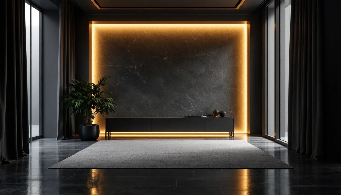 Dark moody living room with black marble accent wall, warm amber LED backlighting, and gray rug on polished stone floor