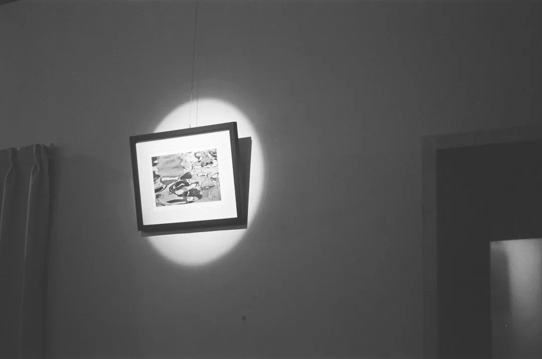 Framed abstract artwork illuminated by a spotlight creating a circular halo effect on a dark wall