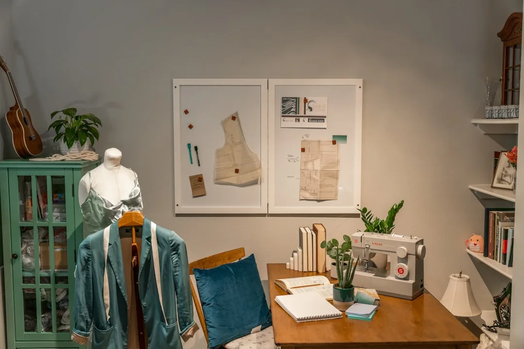 Small sewing studio workspace with Singer machine, mannequin, mood boards, and scaled furniture arrangement in compact r