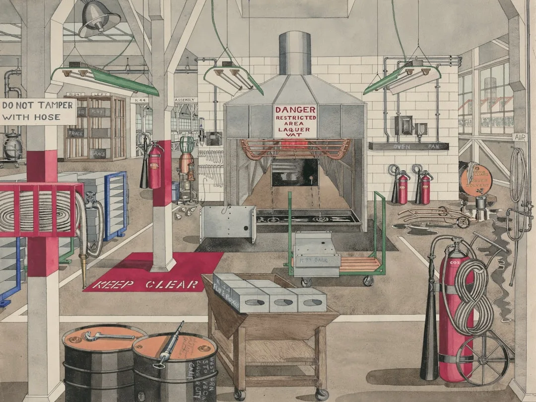 Vintage industrial workspace illustration with fire extinguishers, lacquer vat, warning signs and factory equipment