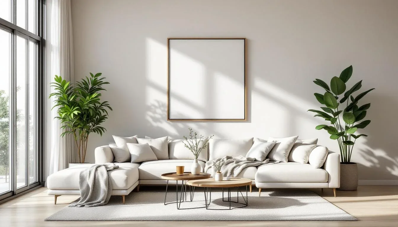Minimalist living room with white sectional sofa, round wood coffee tables, indoor plants, and blank wall frame