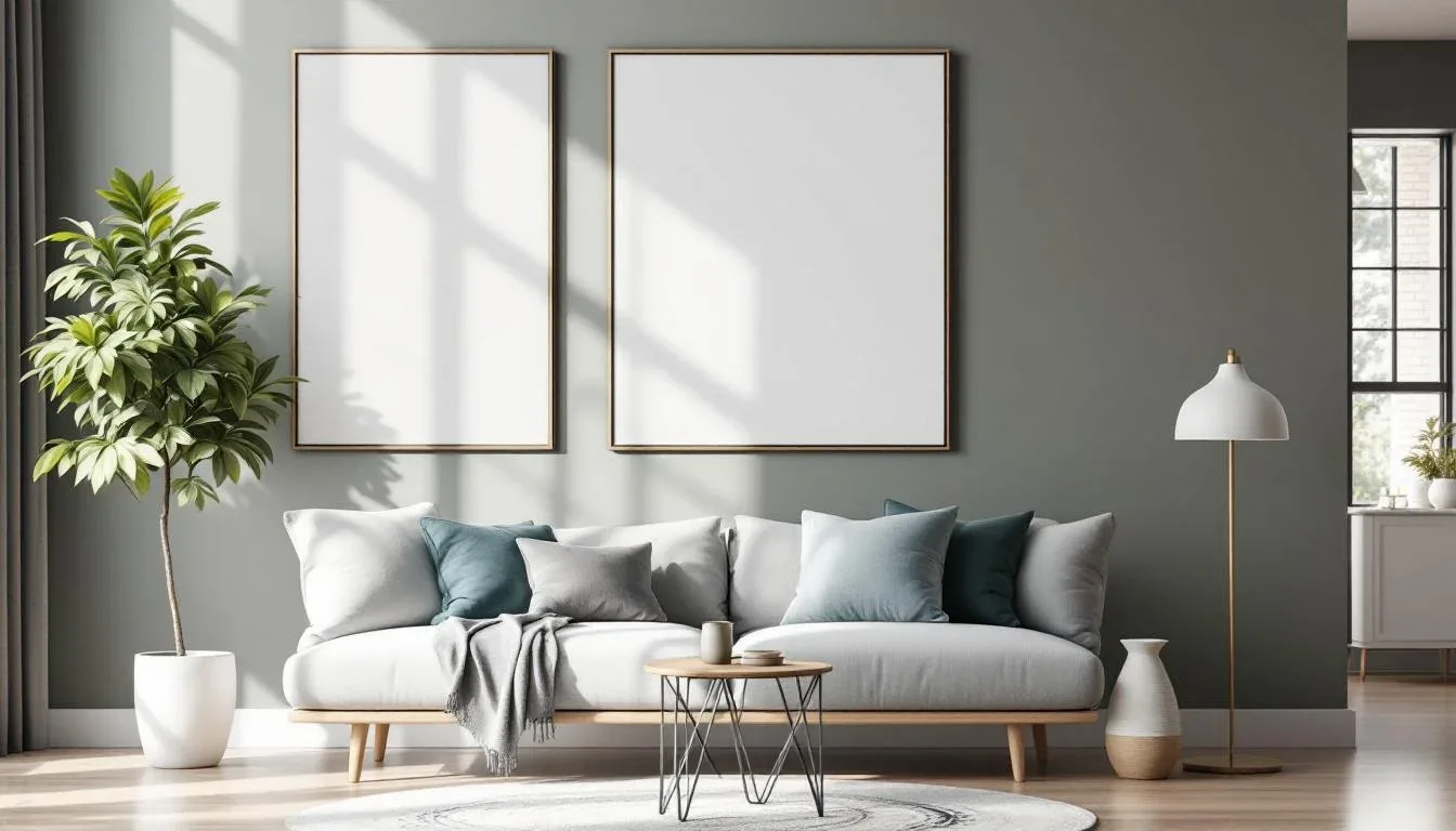 Scandinavian living room with two blank wall art frames above white sofa, grey cushions, indoor plant and floor lamp