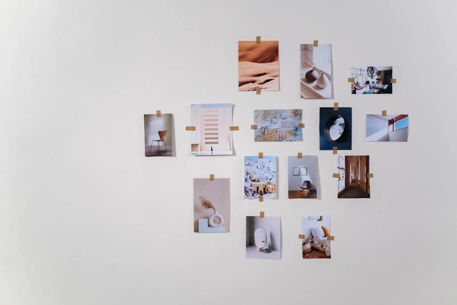 Mood board of interior design photos taped to a white wall showcasing various decor trends and styles
