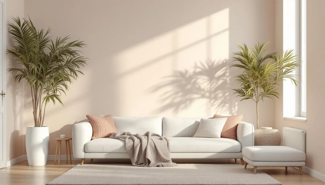Soft pastel living room with white sofa, blush pink cushions, and palm plants in warm neutral beige interior