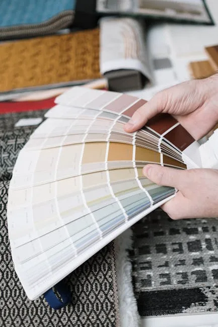 Hands holding fanned paint color swatches in neutral tones over fabric samples for interior design planning
