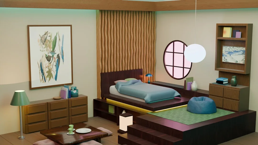 Japandi-style bedroom with platform bed, wooden furniture, round window, bean bag chair, and warm neutral tones