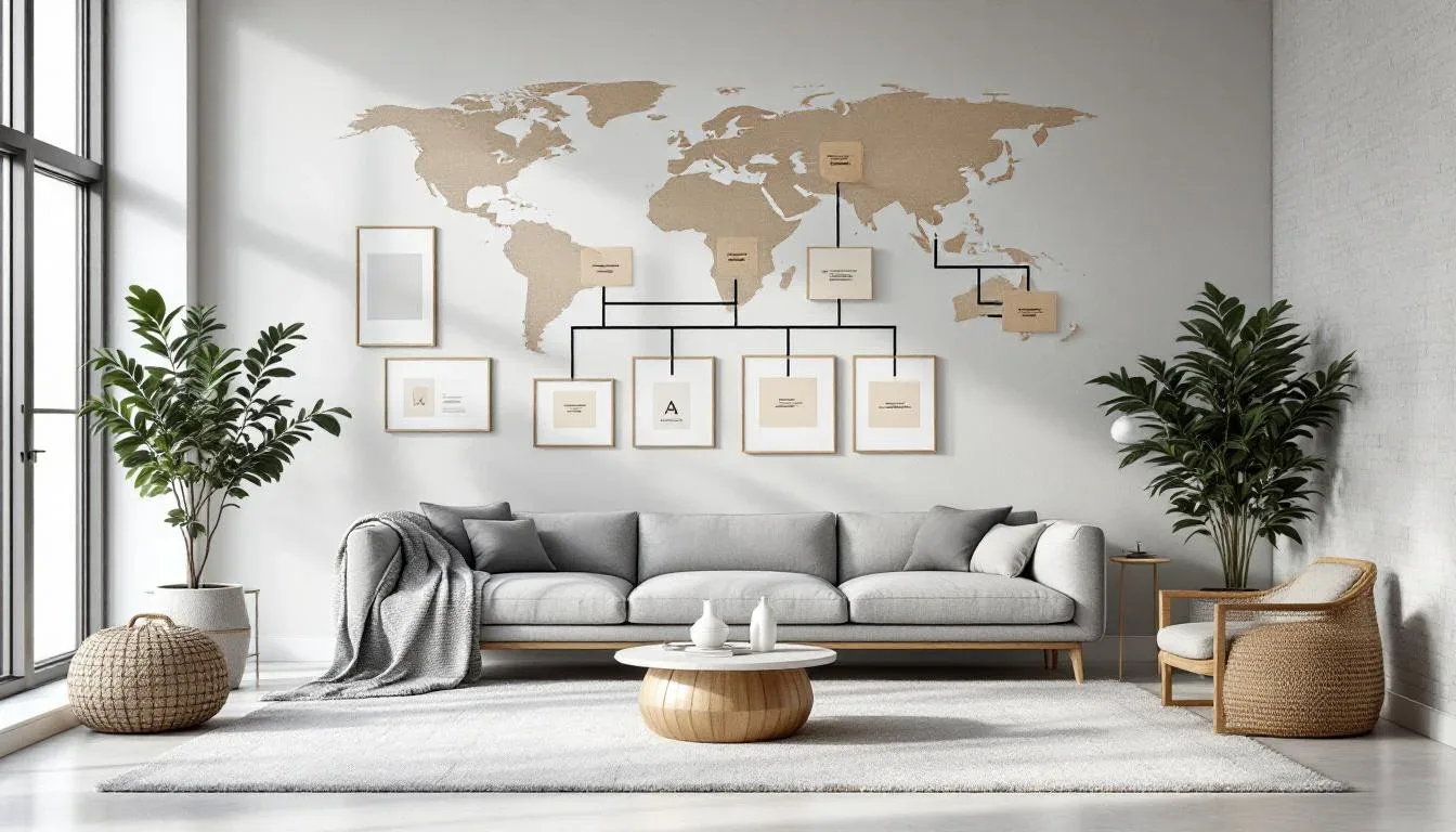 Modern minimalist living room with world map wall decor and decision tree diagram above gray sofa