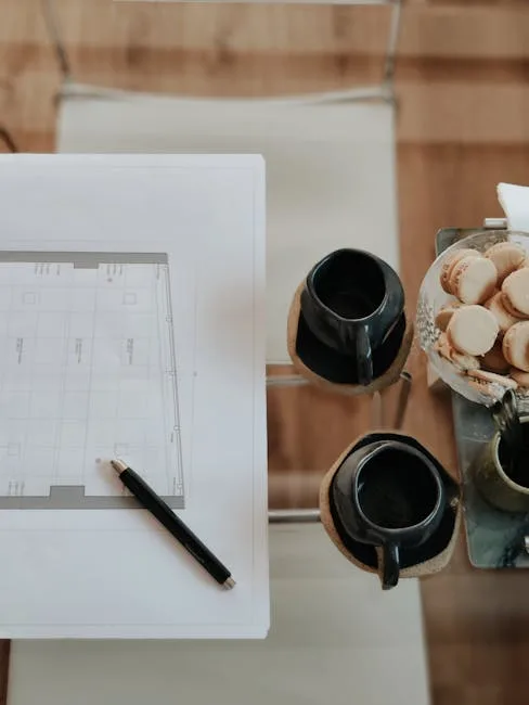Architectural floor plan with pencil on white table beside dark ceramic mugs and macarons during design planning session