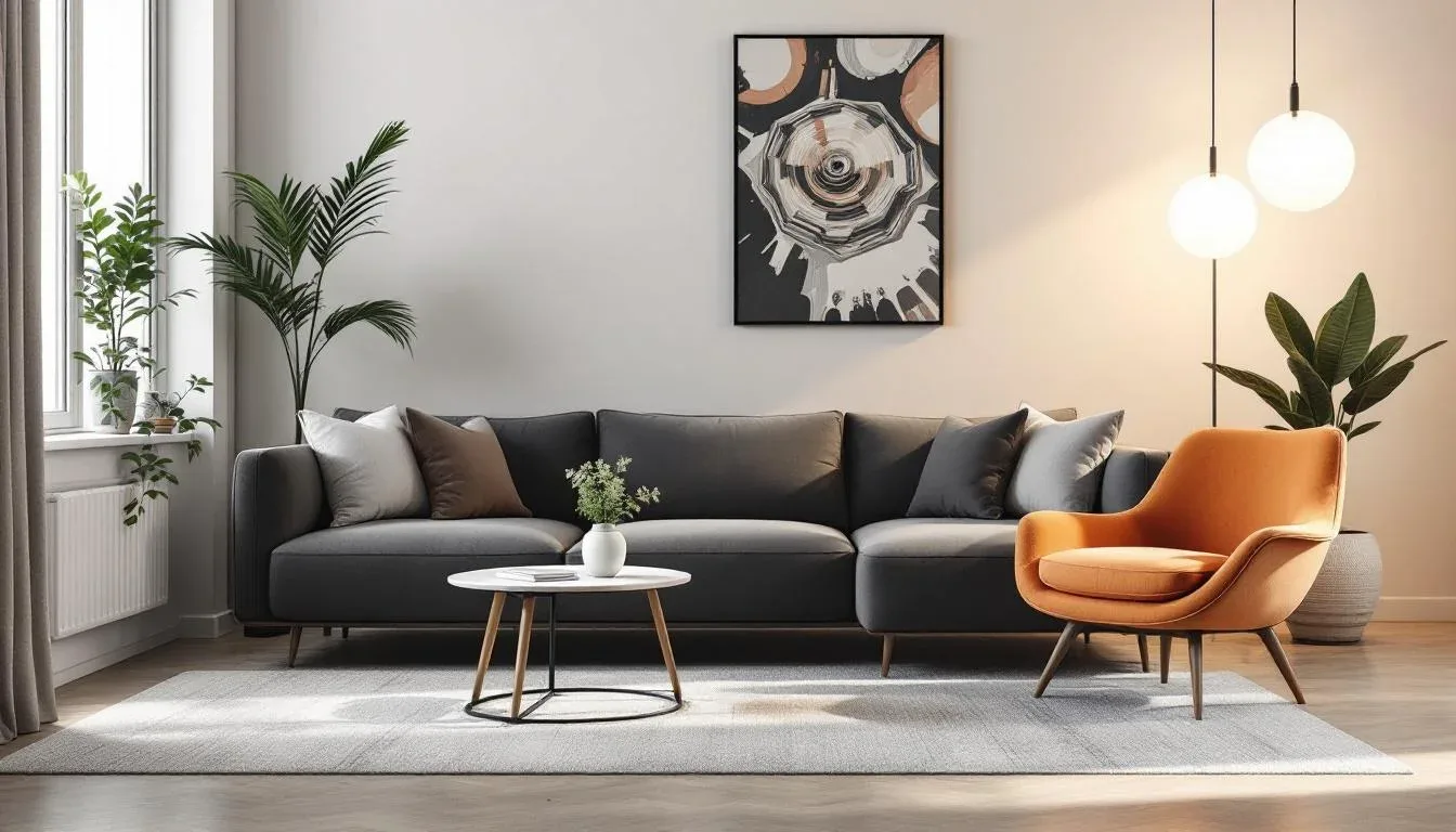 Modern living room with dark gray sofa, orange accent chair, and minimalist decor illustrating interior design styling