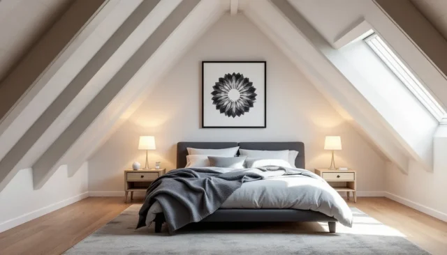 Converted attic bedroom with vaulted ceiling beams