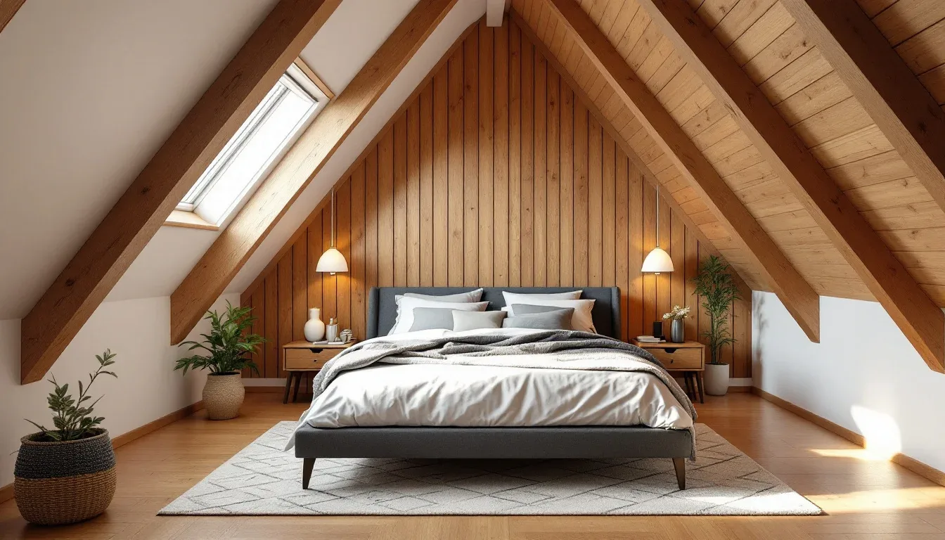 Converted attic bedroom with wood-paneled walls, exposed beams, skylight, and queen bed on hardwood floor