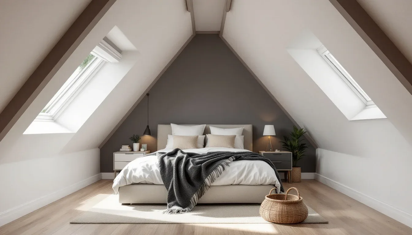 Bright attic bedroom conversion with skylights, white walls, neutral bedding and timber floor showing loft room potentia