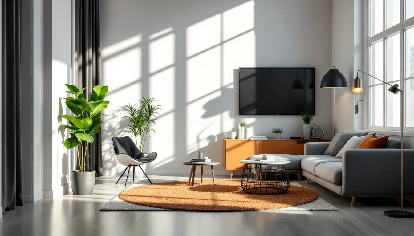Modern living room with natural window light casting shadows, floor lamp, and neutral tones creating layered lighting am
