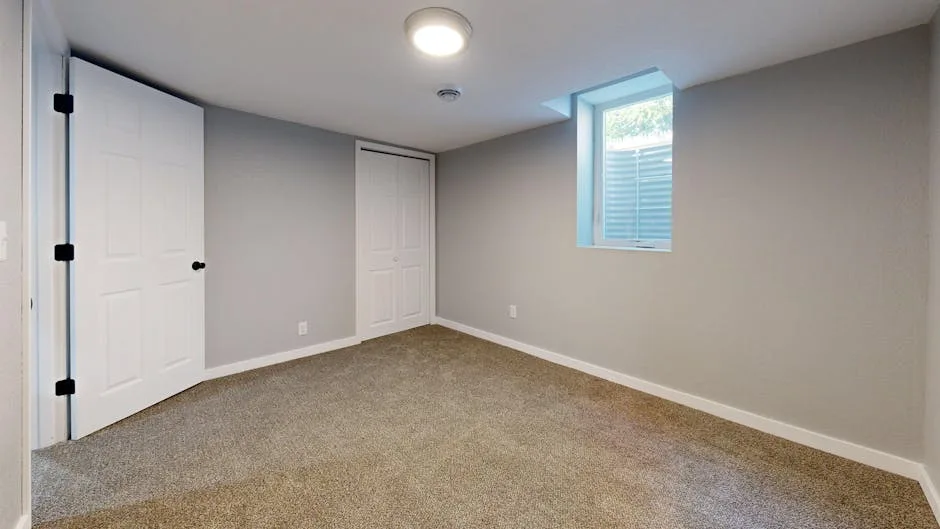 Finished basement room with flush ceiling light, gray walls, beige carpet, and small egress window