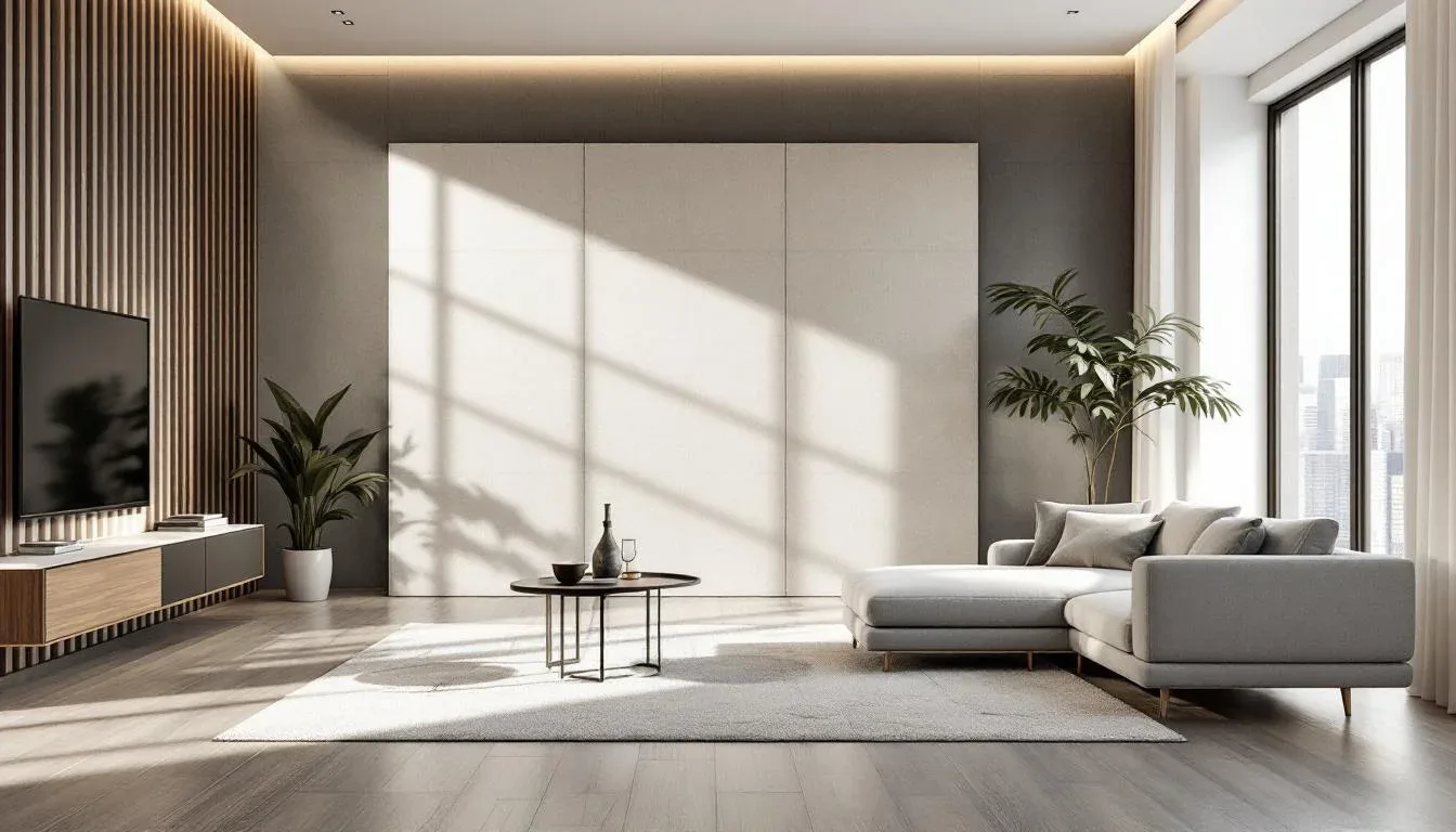 Minimalist living room with large-scale light beige wall panels flanked by vertical wood slat accent wall and modern fur