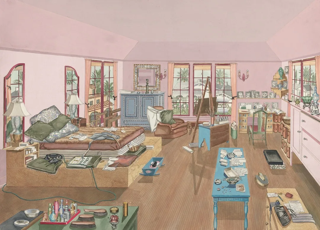 Illustrated cluttered living room with mismatched furniture, scattered items, and multiple activity zones showing real r