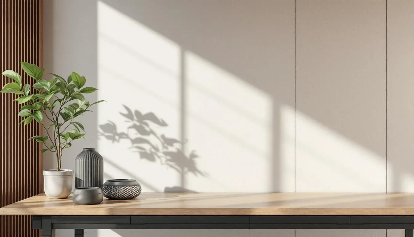 Minimalist wooden desk styled with matte ceramic vases, woven bowl, and potted plant against neutral paneled wall