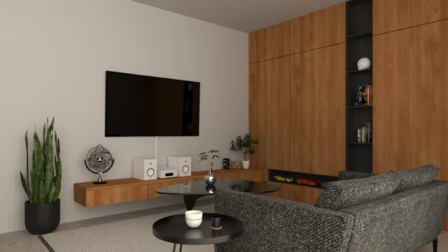 Living room with sofa angled toward TV wall instea