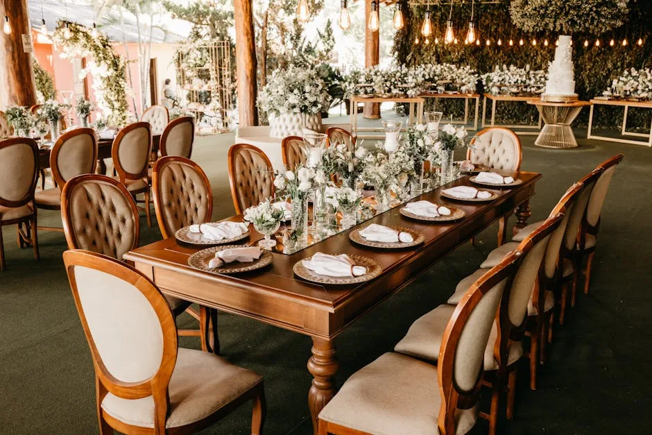 Elegant dining table with 10+ tufted wooden chairs set for a wedding reception with floral centerpieces