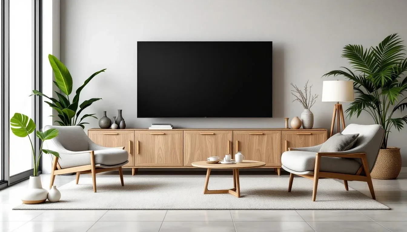 Japandi living room with light oak wood TV cabinet, mid-century chairs, and natural wood coffee table on white rug