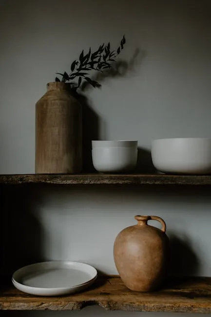 Japandi-style wooden shelves with ceramic bowls, a clay jug, white plate, and wooden vase holding dried branches