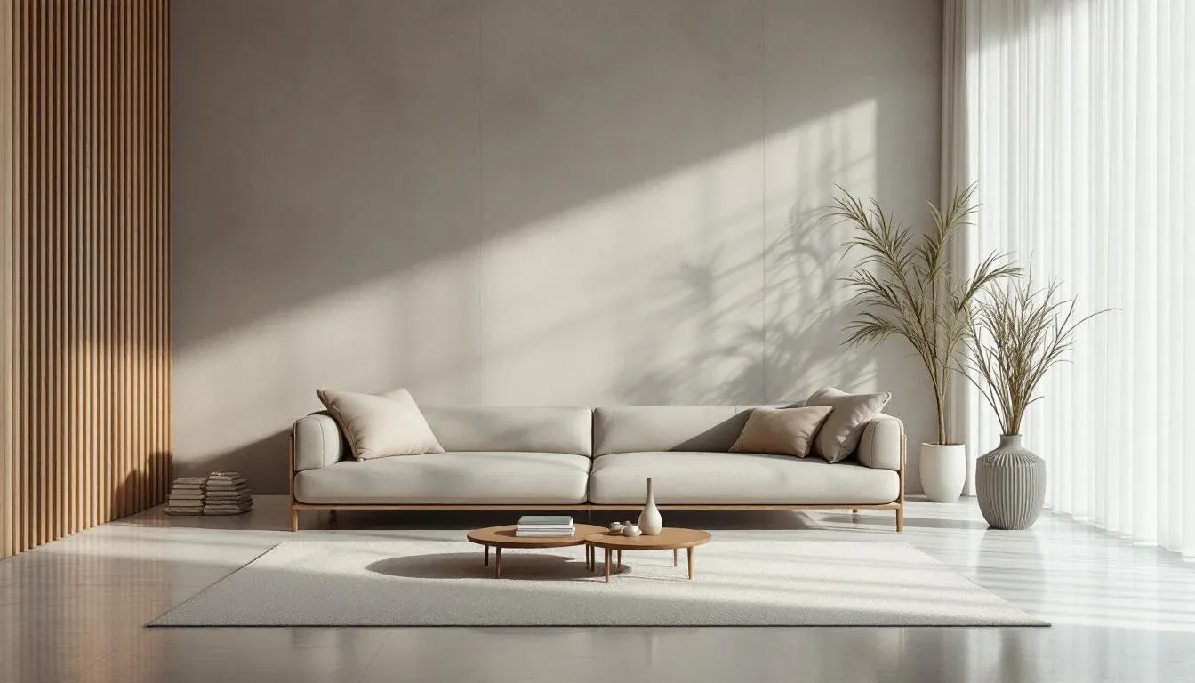 Japandi living room with beige sofa, warm wood accents, natural light, and dried plant creating cozy minimalist warmth