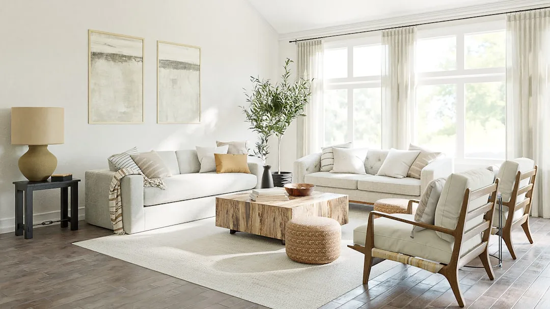 Bright natural light living room with large windows, white sofas, wooden coffee table and sheer curtains maximizing dayl