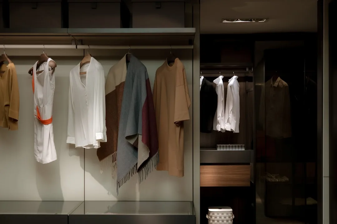 Open wardrobe system with clothing rails showing hanging shirts, scarves and garments in modern walk-in closet