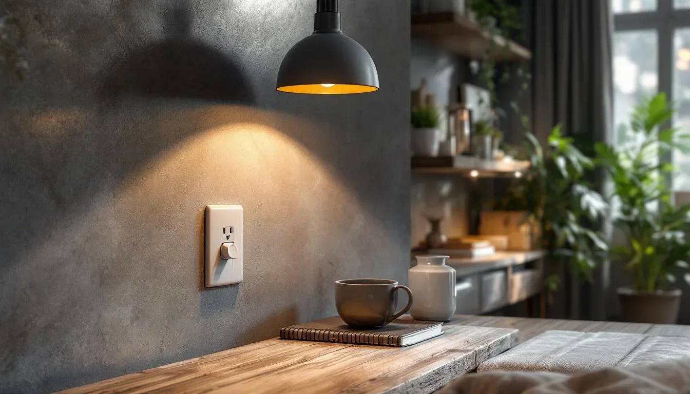 Plug-in pendant light hanging over rustic wood counter with wall outlet and dimmer switch in industrial-style room
