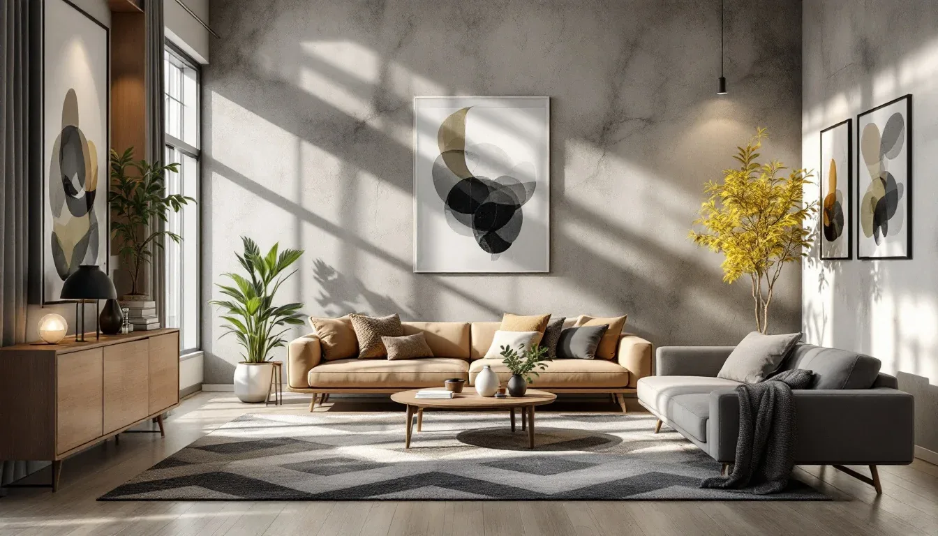Modern living room combining beige sofa, gray armchair, geometric rug, abstract art, and plants as a cohesive design sys