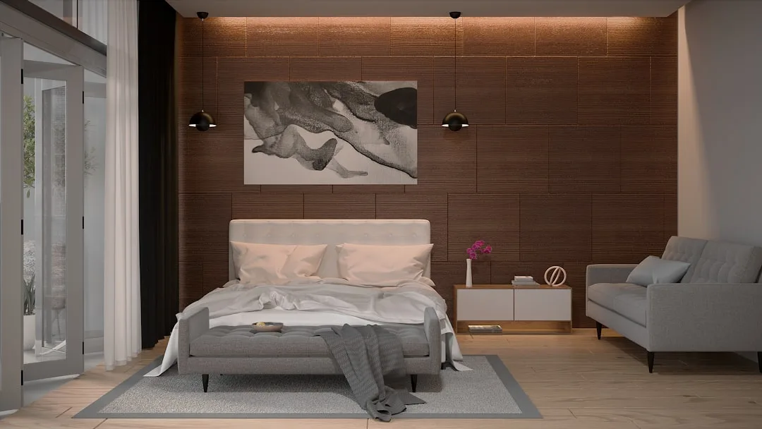 Queen bed with white bedding in modern bedroom with brown textured wall panels and pendant lighting