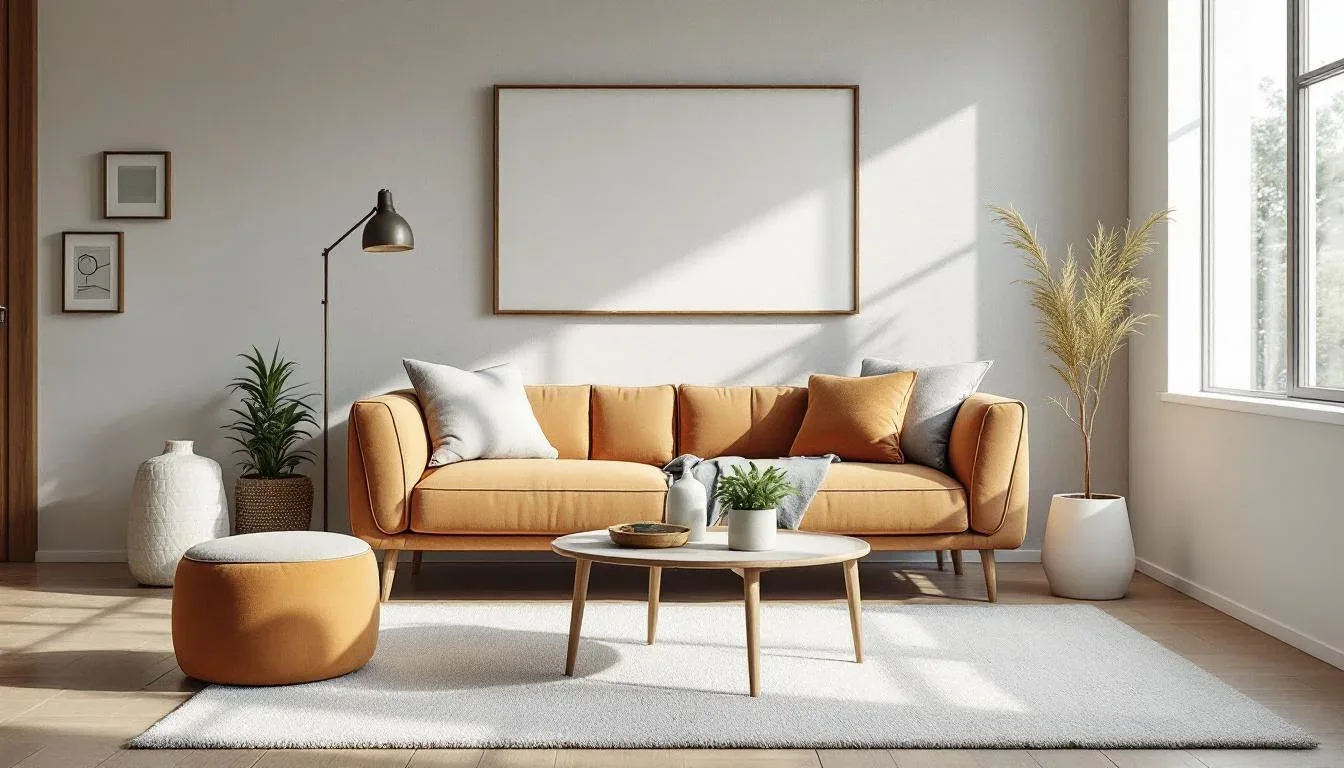 Scandinavian living room with orange sofa, round coffee table, white rug, and blank frame mockup on gray wall
