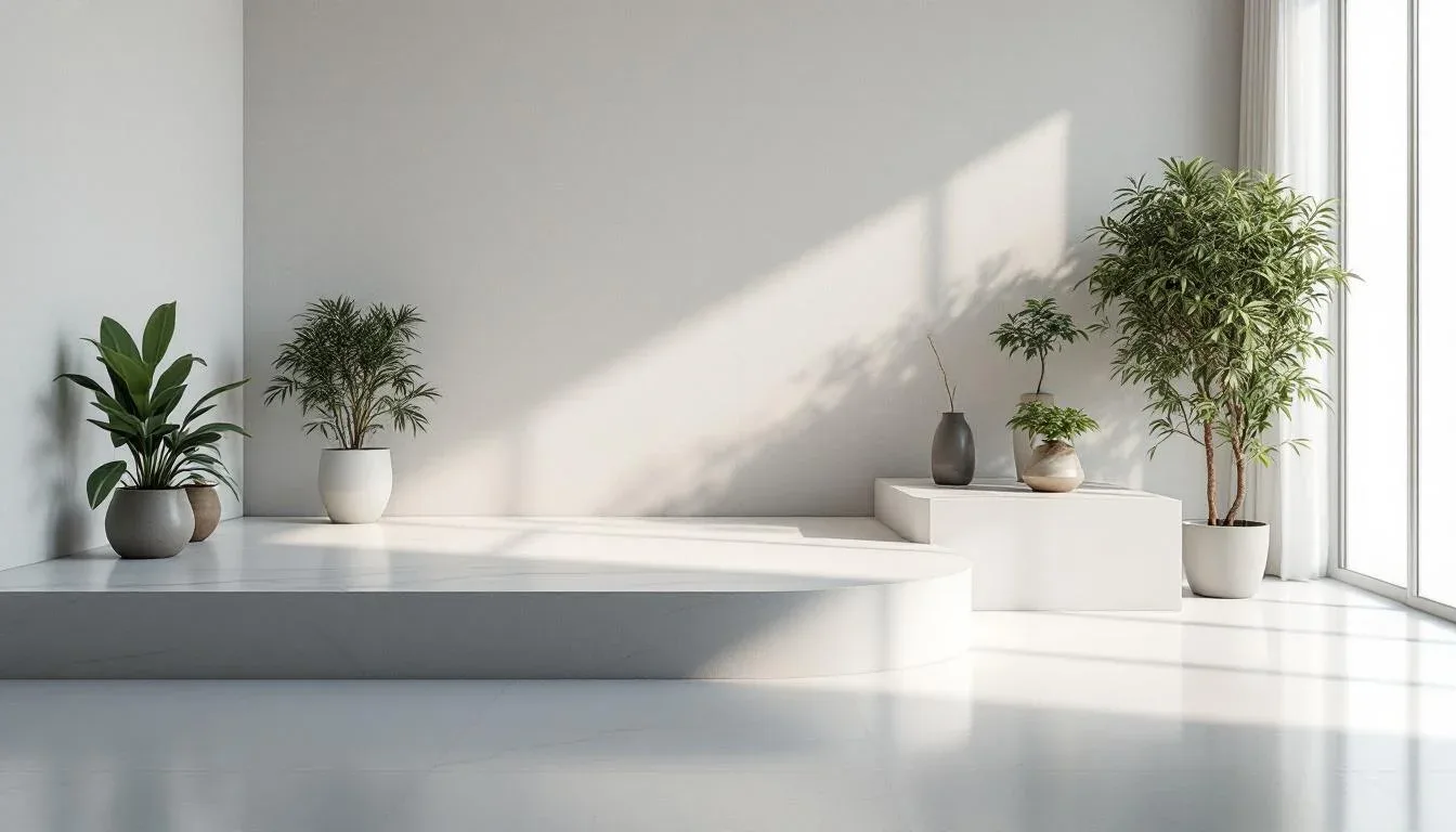 Minimalist white room with raised platform step dividing space, potted plants, and natural light from large window