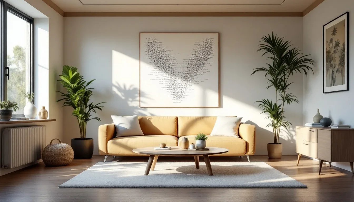 Modern living room with yellow sofa, round coffee table, and open floor plan showing square footage layout