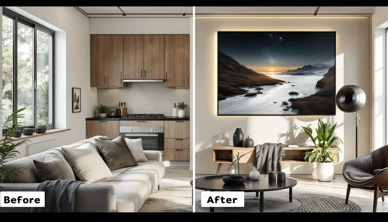 Before and after small apartment transformation showing open-plan kitchen living room redesigned into modern living spac