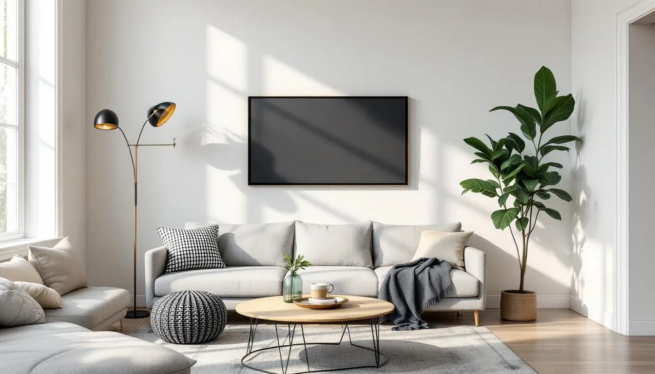Modern rental living room with removable upgrades: floor lamp, round wood coffee table, potted fiddle leaf fig, and wall