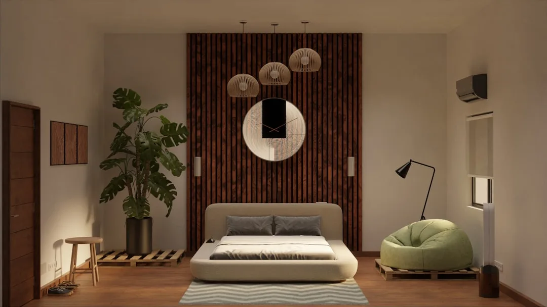 Japandi bedroom with wooden slat accent wall, low platform bed, monstera plant, and woven pendant lights