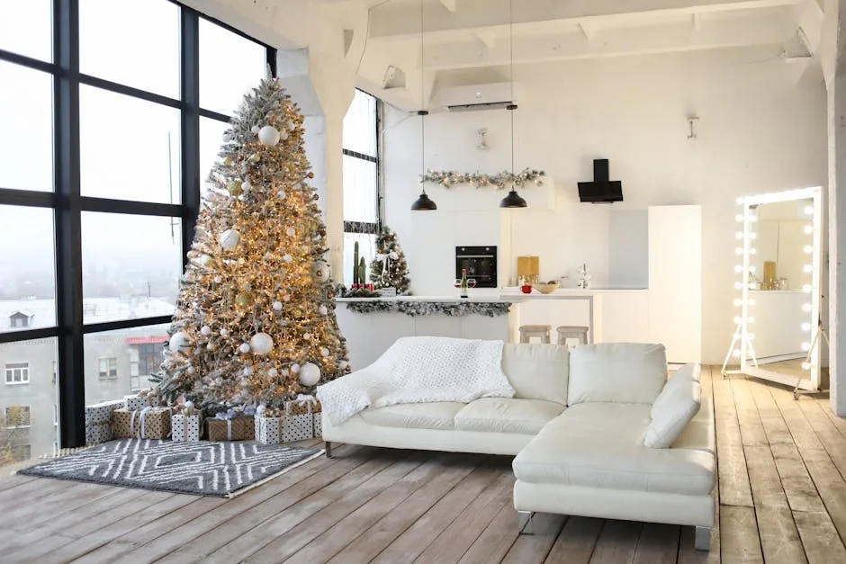White modern apartment living room with decorated Christmas tree, white sectional sofa and open kitchen holiday decor