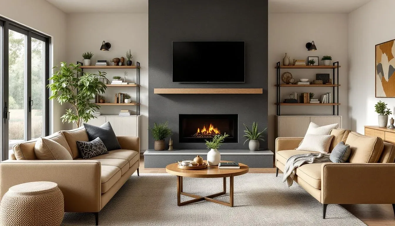 Modern farmhouse living room with dark fireplace wall, tan leather sofas, wood shelving, and warm neutral tones